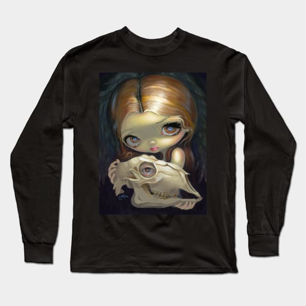 Chibi Girl Holiding Creepy Skull Long Sleeve T-Shirt by Wanderer Bat